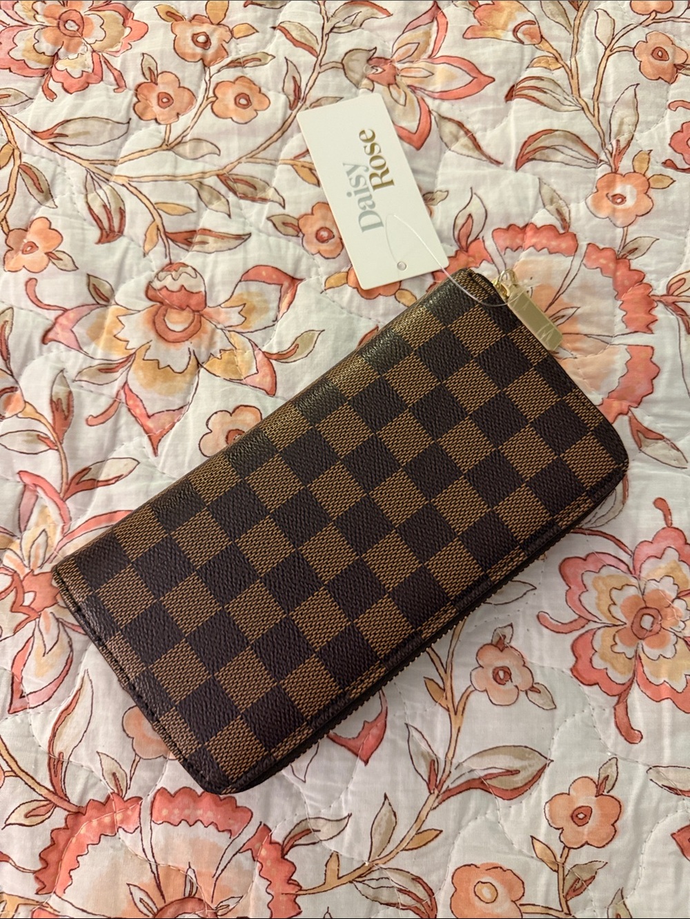 Brown Checked Zip Wallet